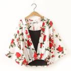 Set: Camisole + Flower Print Open Front Elbow-sleeve Light Jacket Red - One Size