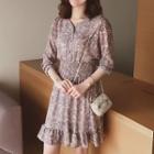 3/4-sleeve Floral Ruffle Trim A-line Dress