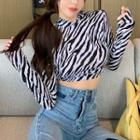 Zebra Print Long-sleeve Cropped Top Zebra Paint - Black & White - One Size