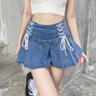 Lace-up Denim Pleated Mini A-line Skirt