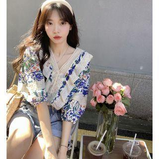 Elbow-sleeve Floral Blouse Blue & Orange & Green Floral - White - One Size