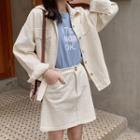 Set:plain Single-breasted Long-sleeve Jacket + High-waist Skirt