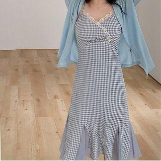 Lace Trim Plaid Spaghetti-strap Sheath Dress / Cardigan