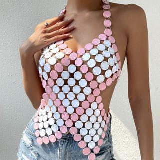 Halter Disc Cutout Top Pink & White - One Size