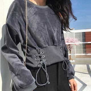 Plain Lace-up Loose-fit Cropped Pullover