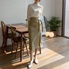 Deep-slit Stitched Long Skirt With Sash