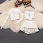 Set: Ribbon Camisole Top + Cardigan + Layered Mini A-line Skirt