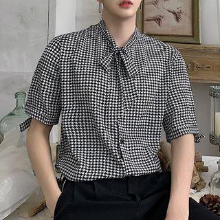 Houndstooth Tie-neck Short-sleeve Shirt