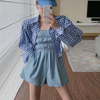 Gingham Shirt / Strapless Denim Romper