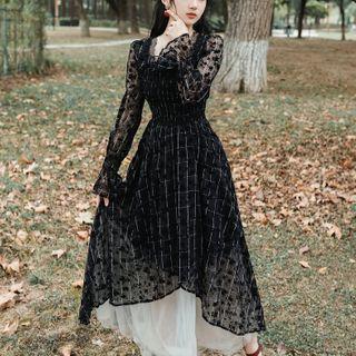 Bell-sleeve Maxi Plaid Mesh Dress