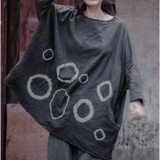 Long-sleeve Printed Blouse Tie-dyed - Black Gray - One Size