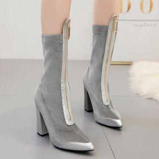Faux Suede Front Zip Block Heel Short Boots