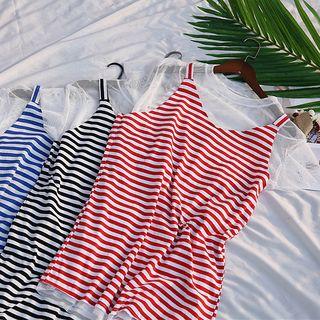 Set: Mesh Short-sleeve Dress + Striped Strappy Dress