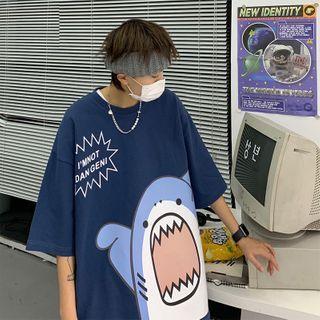 Short-sleeve Cartoon Shark Print T-shirt