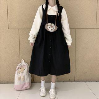 Collared Sweater / Buttoned Midi A-line Pinafore Dress