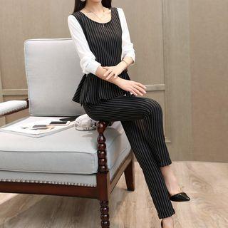 Set: Long-sleeve Striped Panel Top + Cropped Pants