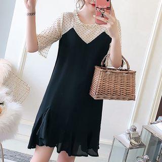 Mock Two-piece Elbow-sleeve Chiffon Dress