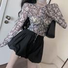 Printed Mesh Drawstring Long-sleeve Top As Shown In Figure - One Size