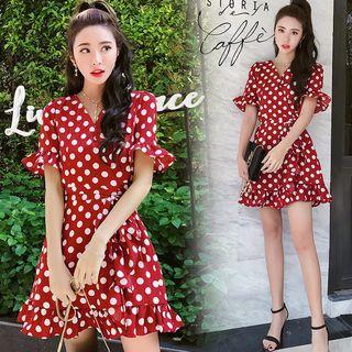 Short-sleeve Polka Dot Frill Trim A-line Mini Dress