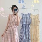 Mock Two-piece Sleeveless Gingham A-line Midi Dress