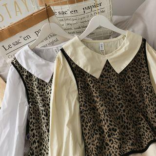 Set: Peter Pan-collar Loose Top + Leopard-print Knit Vest