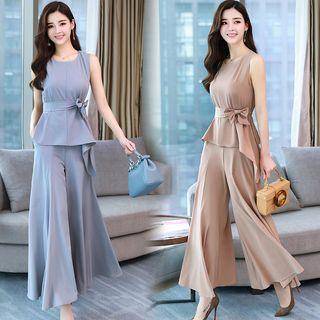 Set: Tie Waist Tank Top + Cropped Wide-leg Pants