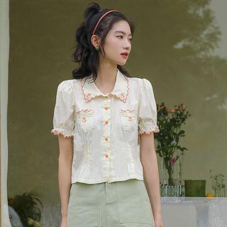 Short-sleeve Collared Lettuce Edge Blouse