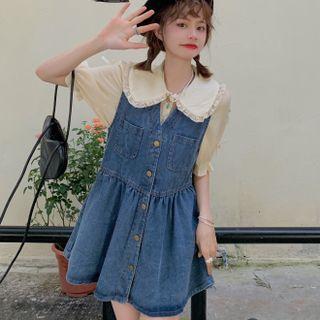 Short-sleeve Bow Detail Blouse / Denim Mini Overall Dress