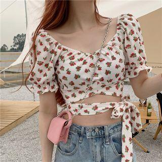 Puff-sleeve Floral Drawstring Cropped Top As Shown In Figure - One Size