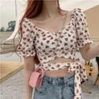 Puff-sleeve Floral Drawstring Cropped Top As Shown In Figure - One Size