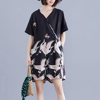 Short-sleeve Crane Print Playsuit