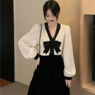 Long-sleeve Contrast Trim Bow-accent Blouse / Midi A-line Skirt