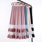 Mesh Paneled Frill Trim A-line Midi Velvet Skirt