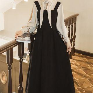 Set: Collared Blouse + A-line Midi Pinafore Dress