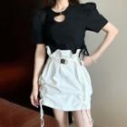 Cut-out Short-sleeve T-shirt / Drawstring Mini A-line Skirt