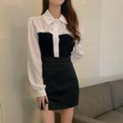 Long-sleeve Mock Two Piece A-line Dress Black & White - One Size