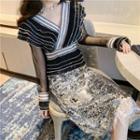 V-neck Top / Sequined Midi Skirt