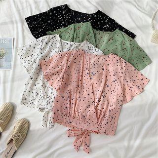 V-neck Star Print Frill-sleeve Chiffon Blouse