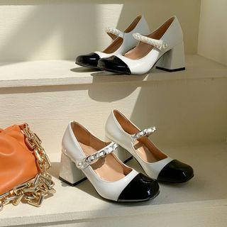 Faux Pearl Cap-toe Chunky-heel Mary Jane Pumps