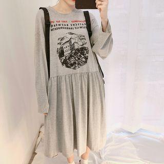 Printed Long-sleeve A-line Dress Gray - One Size