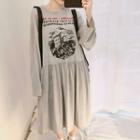 Printed Long-sleeve A-line Dress Gray - One Size