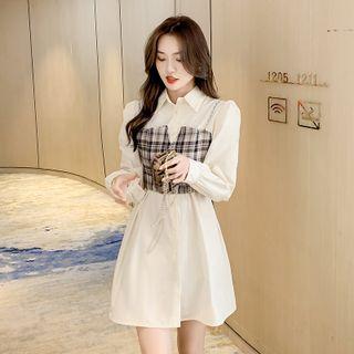 Set: Long Sleeve Plain Shirtdress + Chain Strap Plaid Cropped Camisole