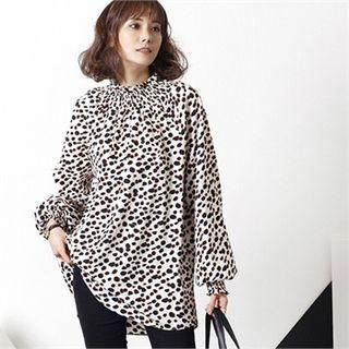 Smocked Bishop-sleeve Leopard Blouse