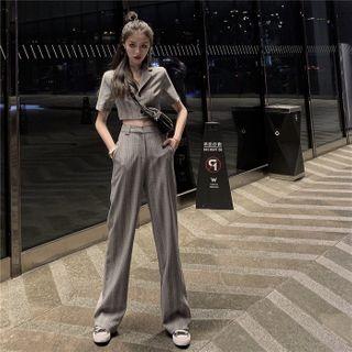 Short-sleeve Plaid Cropped Shirt / Plaid Wide Leg Pants