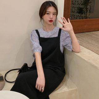 Puff-sleeve Floral Blouse / Midi A-line Overall Dress