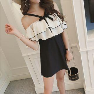 Color Panel Ruffle Trim Swimdress