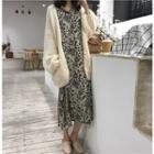 Open Front Chunky Cardigan / Long-sleeve Floral Midi A-line Dress