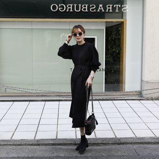 Crew-neck Rib-knit Long Dress With Sash