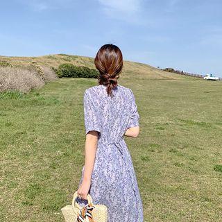 Puff-sleeve Floral Long Dress Sky Blue - One Size