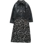 Faux Leather Plain Jacket / Long-sleeve Floral Printed Dress